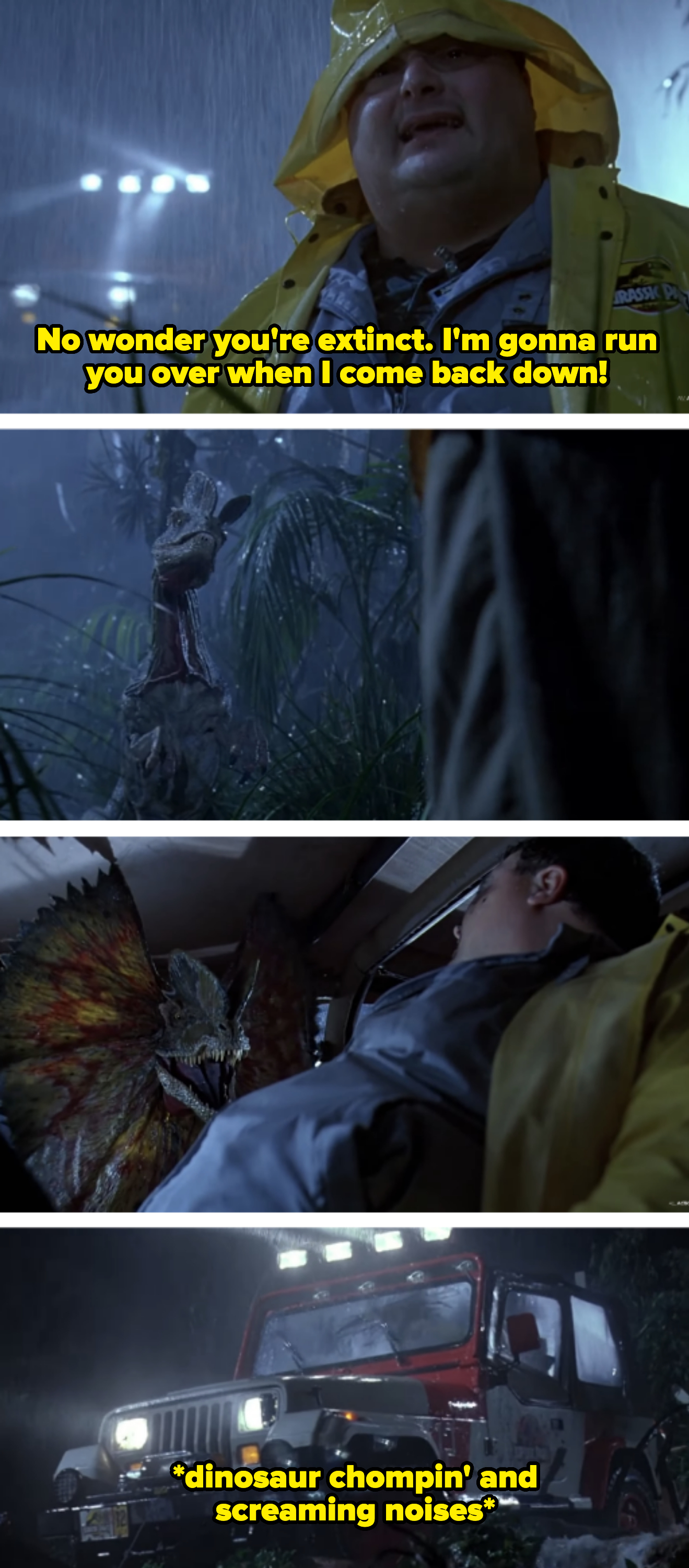 Man in rain gear faces a dinosaur; dinosaur lurks by a vehicle; vehicle&#x27;s headlights in rain