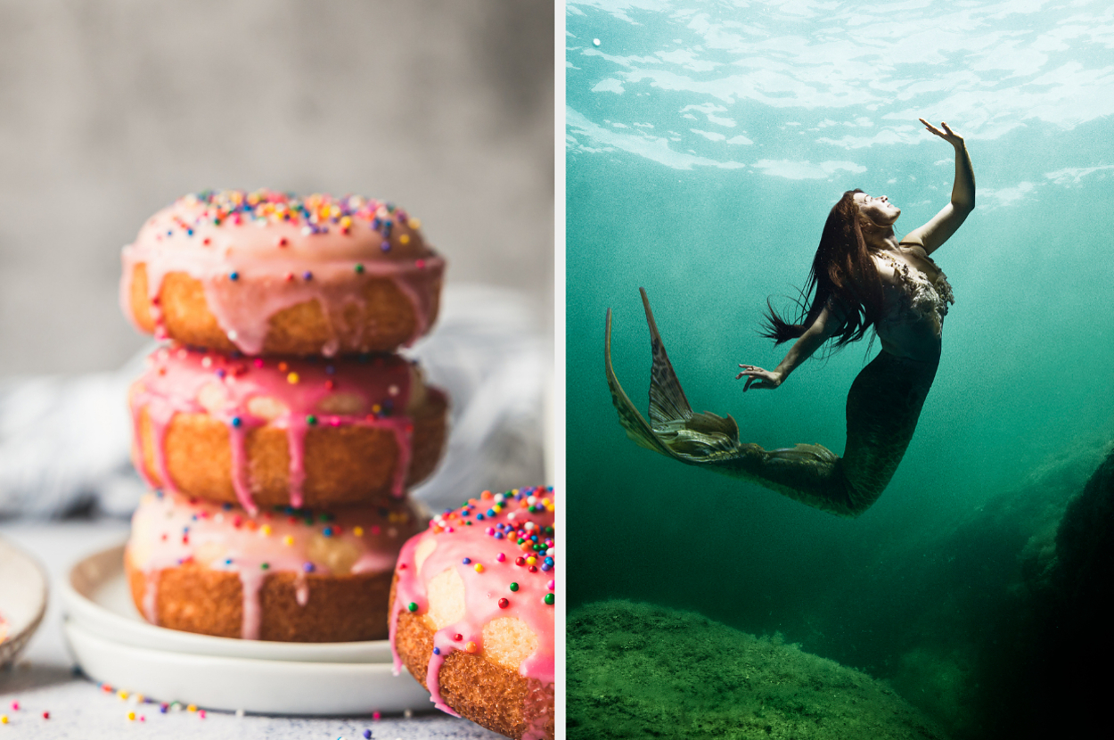 Left: Stack of doughnuts with pink icing and sprinkles. Right: Person in mermaid costume swimming underwater