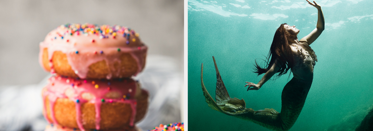 Left: Stack of doughnuts with pink icing and sprinkles. Right: Person in mermaid costume swimming underwater