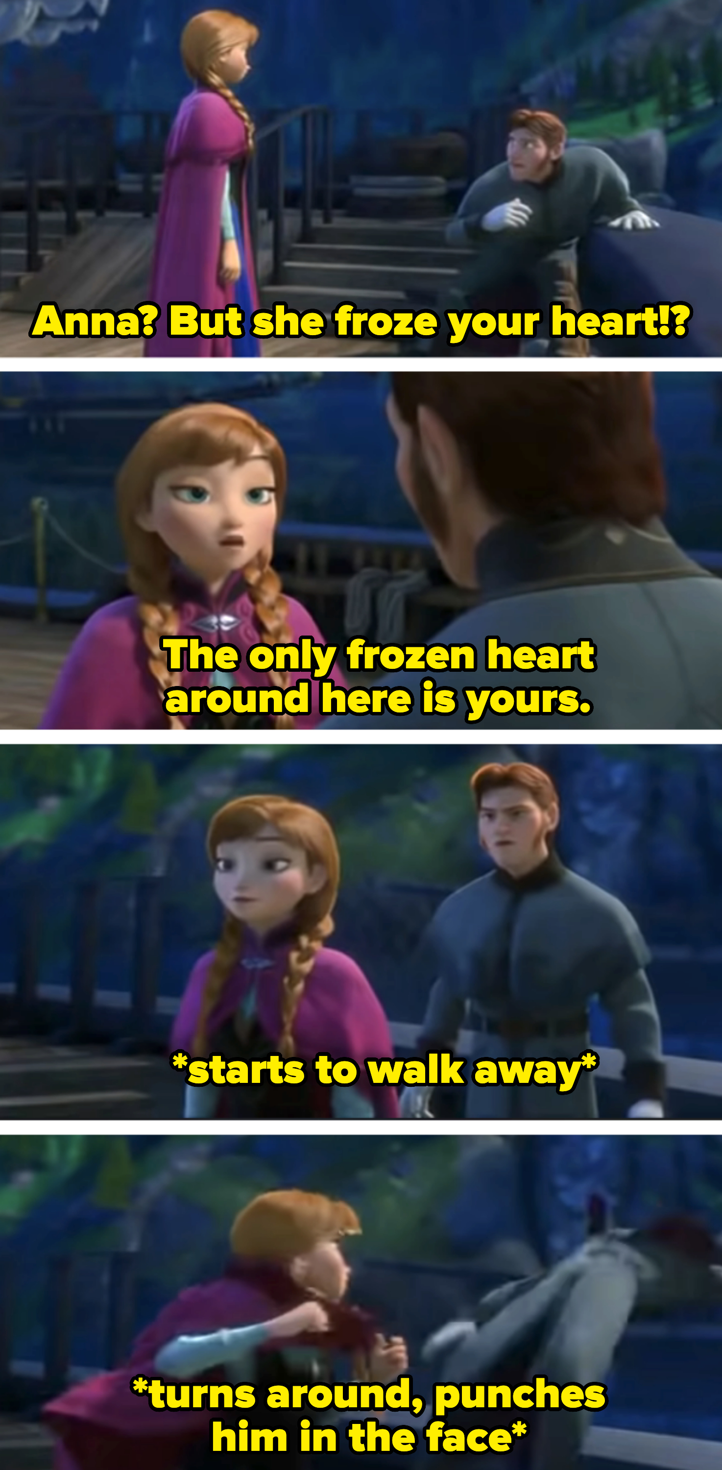 Animated characters Anna and Kristoff from Frozen are shown in a sequence; Anna looks concerned, Kristoff is kneeling, and Anna consoles him