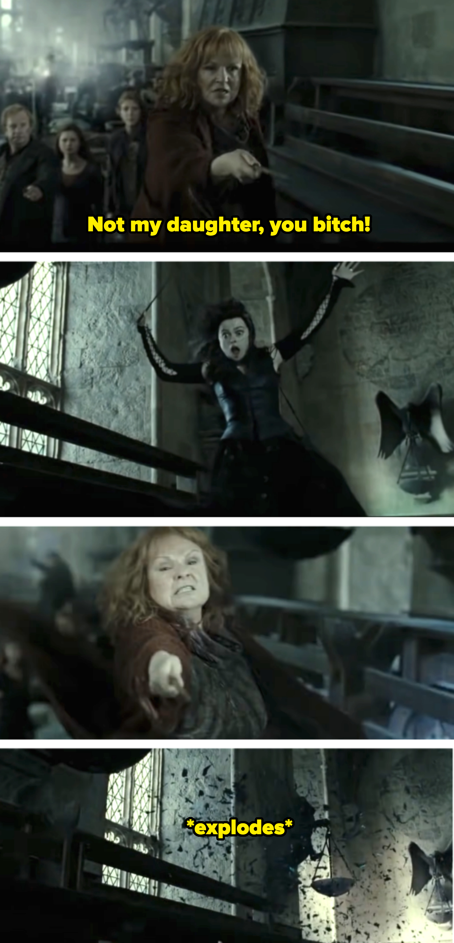 Molly Weasley battles Bellatrix Lestrange in a scene from a Harry Potter film