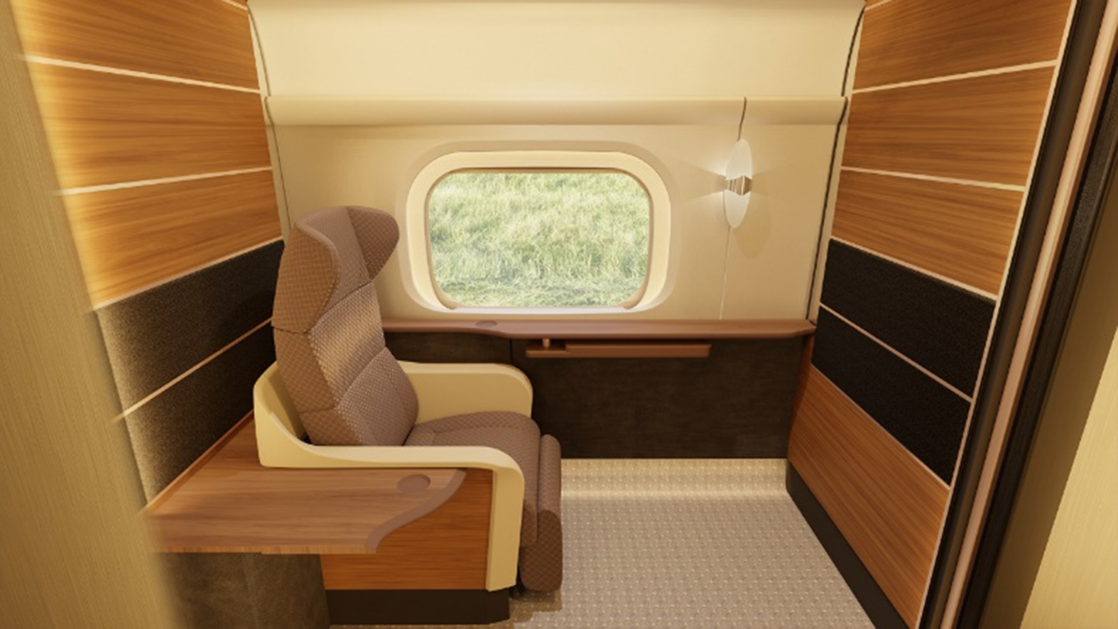 列車の個室の内部。円窓から見える自然景色、壁には扇風機、快適な座席とテーブルがある。