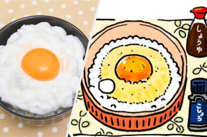 左はごはんの上に卵がのった丼物、右はそれをイラスト化した漫画風の画像です。