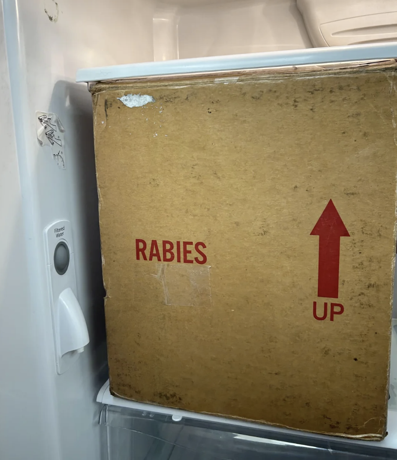 A worn cardboard box labeled &quot;RABIES&quot; with an arrow, placed inside a refrigerator