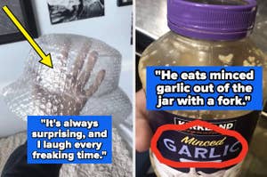 A hand with minced garlic on it; a minced garlic jar with text about someone eating directly from it