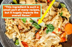 Stir-fried noodle dish with vegetables and chicken, with a quote about an impactful ingredient