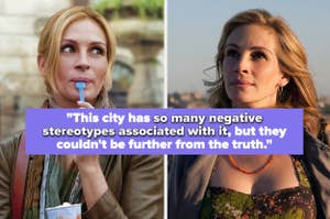 Woman reflecting on city's misrepresented image while overlooking skyline, with a quote about city stereotypes