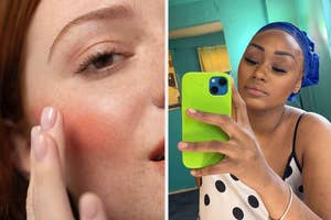 Person showing cheek close-up with blush and reviewer with makeup primer on taking a selfie with a phone case