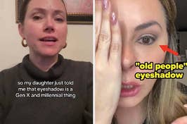 Two split images: Left, woman speaks; right, close-up of another woman's eye with labeled eyeshadow. Text discusses generational makeup trends
