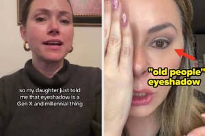 Two split images: Left, biatch speaks; right, close-up of another biatch's eye wit labeled eyeshadow. Text discusses generationizzle makeup trends