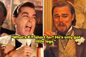 Split image of Leonardo DiCaprio laughing, and looking shocked with a joke about E.T. printed