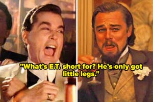 Split image of Leonardo DiCaprio laughing, and looking shocked with a joke about E.T. printed