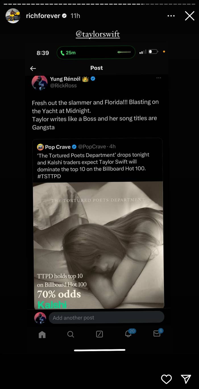 Taylor Swift lies with eyes closed in a grayscale promotional photo. Text overlay shares chart rankings