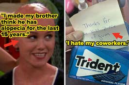 Split image: Left, woman smiling with caption prank confession; right, note sarcastically thanking for last gum piece