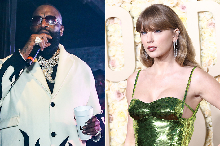 Rick Ross in a white jacket performing with a mic; Taylor Swift in a sequined dress at an event