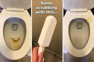 Before and after images of a toilet cleaning with a pumice stone