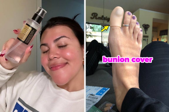 A reviewer holding a bottle of snail mucin. Another reviewers foot with a bunion cover on the bug toe