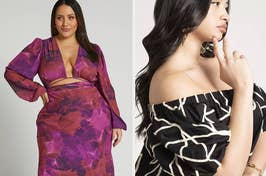 Two models showcase plus-size clothing: one in a purple print dress with cut-out details, the other in a black top with white patterns