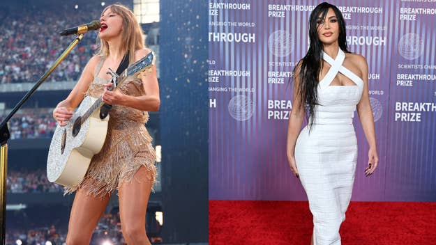 Taylor Swift performs with guitar, fringed outfit. Kim Kardashian in white dress at event