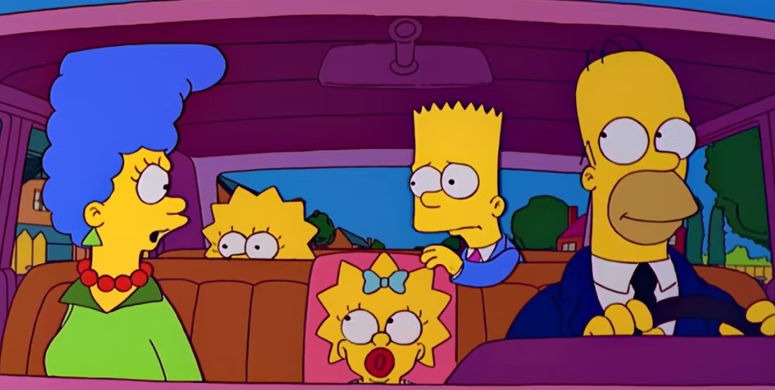 Marge, Lisa, Maggie, Bart, and Homer Simpson sitting in a car from the TV show The Simpsons