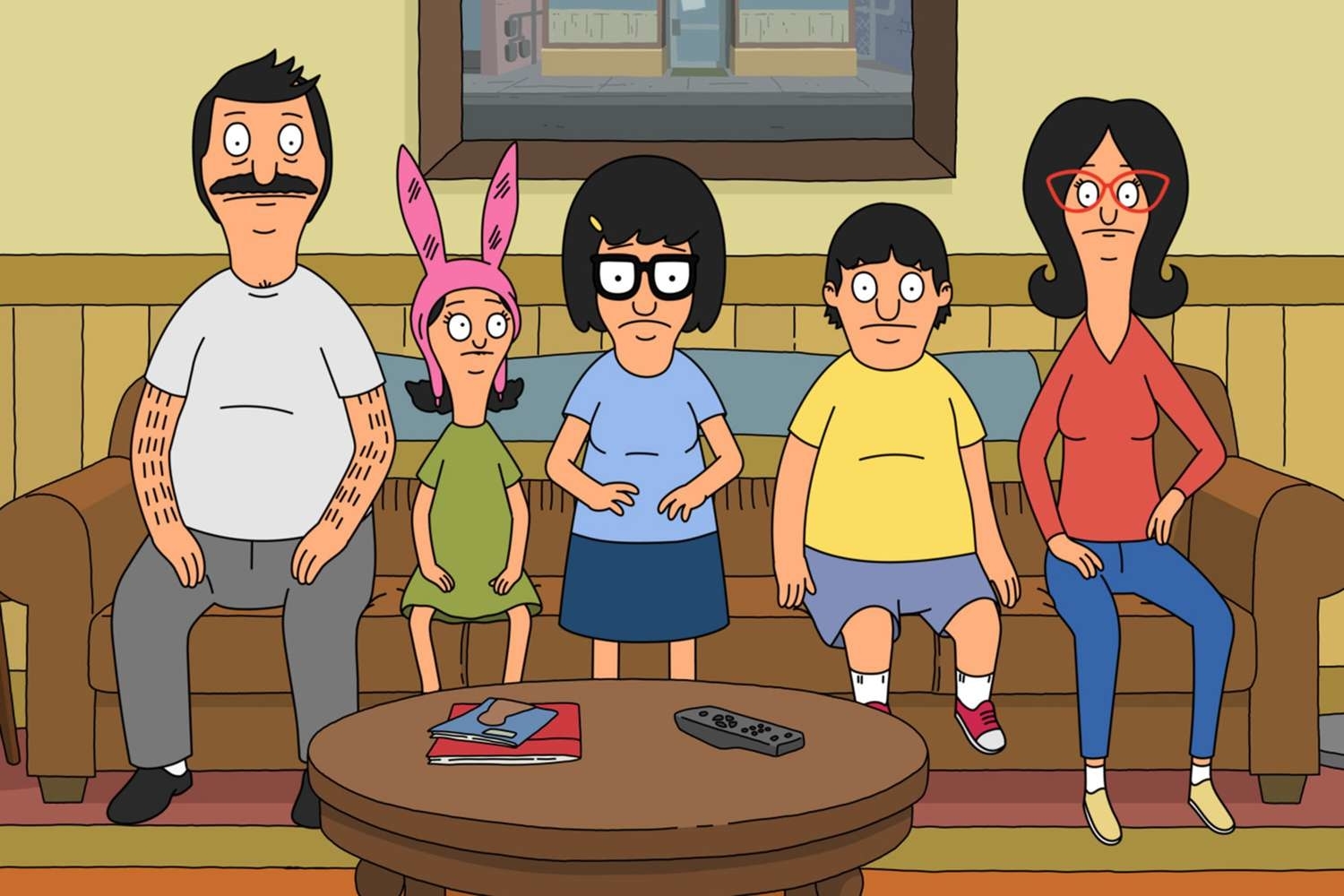 Bob, Linda, Tina, Gene, and Louise from &quot;Bob&#x27;s Burgers&quot; sit on a couch in their usual attire