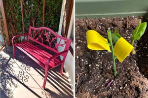 Left: A metal garden bench with bird and tree designs. Right: yellow bug trapping sticky stakes