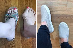 Two photos side by side; left shows feet in strappy sandals, right in slip-on shoes, for a footwear comparison article