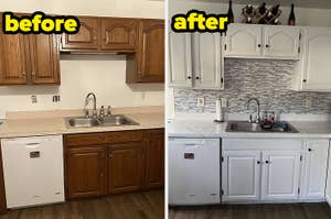 Kitchen before and after renovation, showing cabinet transformation