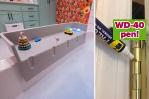 A split image: Left shows bath toys on a tub edge; right has a close-up of a WD-40 pen applied to a hinge