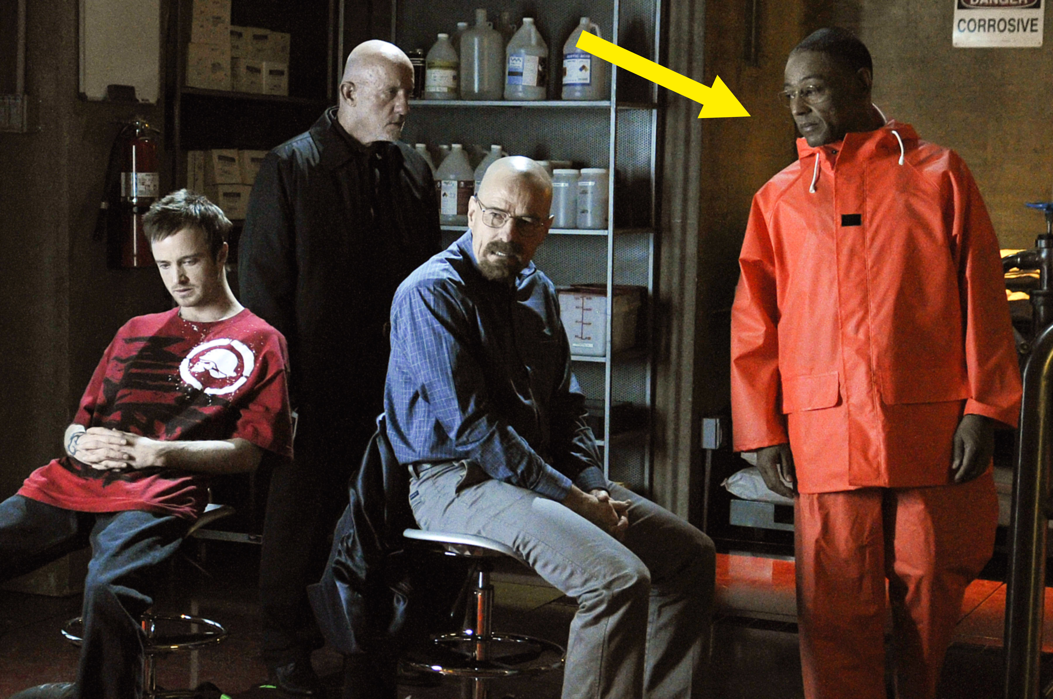 Jesse Pinkman, Walter White, and Gustavo Fring in a lab in a scene from Breaking Bad