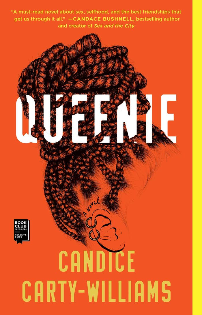 Cover of &quot;Queenie&quot; by Candice Carty-Williams with braided hair illustration and a book club stamp