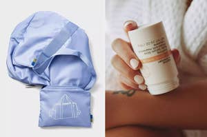 Foldable blue backpack next to a pouch. Hand holding a skincare product with label facing out
