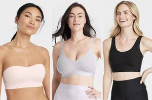 Three women model different styles of strapless, sports, and racerback bras for shopping choices