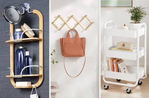 Three home organization items: a wall-mounted shelf, a hanging leather bag holder, and a mobile storage cart