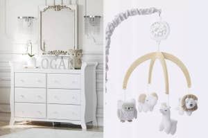 on left: white six-drawer dresser, on right: crib mobile with cute plush animals