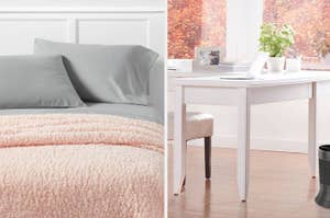 fluffy pink blanket on bed on the left; a white desk and white desk chair on the right