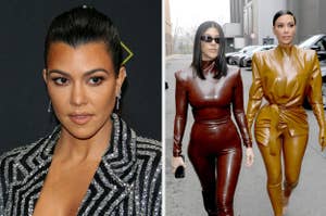 A closeup of Kourtney Kardashian vs Kourtney and Kim Kardashian walking together