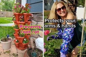 A tiered garden planter and a person wearing garden gloves with arm protection