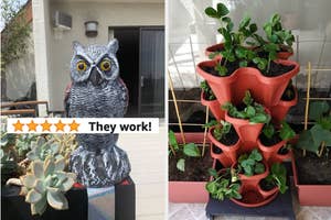 Owl figurine on a stand with a 5-star reviewer that says "They Work!" and a stackable planter with thriving plants