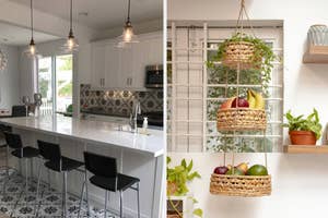 A modern kitchen with hanging lights and bar stools, and a close-up of a woven hanging fruit basket
