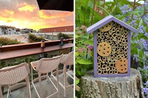 Split image: left shows balcony with chairs, right displays a bee hotel among flowers. Ideal for outdoor decor inspiration