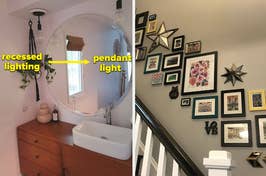 Two images displaying home lighting options: Image 1 shows pendant light, and Image 2 has various wall-mounted picture frames