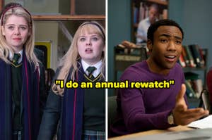 Two scenes from a TV show with schoolgirls in uniforms on the left, and a man in a purple sweater on the right with a quote