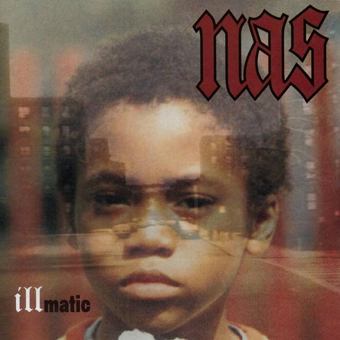 Album cover of &#x27;Illmatic&#x27; by Nas featuring a young Nas superimposed over a cityscape