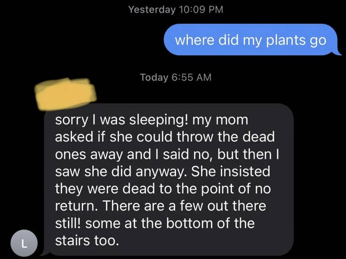 Text messages discussing missing plants and the possibility of someone discarding dead ones, with confusion over remaining ones