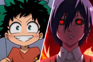 Split image of animated characters: Excited Izuku Midoriya on the left; intense Tokyo Ghoul zombie on the right.
