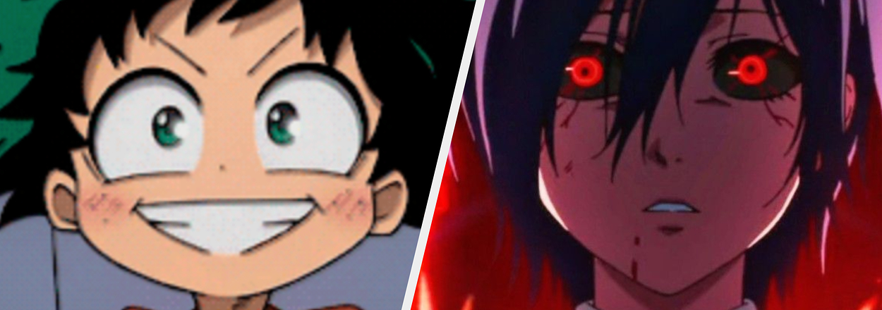 Split image of animated characters: Excited Izuku Midoriya on the left; intense Tokyo Ghoul zombie on the right.