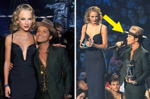 Two images of Taylor Swift and Bruno Mars at an event, Swift in a black dress and Mars wearing a hat