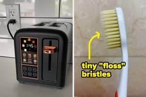 A portable toaster and a close-up of a toothbrush with fine bristles
