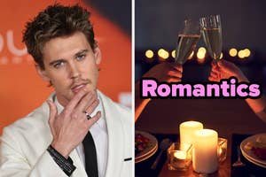 On the left, Austin Butler, and on the right, two people clinking glasses over a candlelit dinner labeled Romantics
